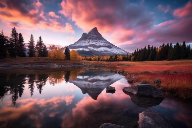 Photo vue imprenable sur une montagne avec un reflet aqueux du ciel et des arbres
