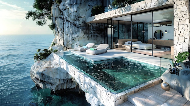 Une vue imprenable sur une villa moderne au bord d'une falaise avec une piscine à débordement surplombant l'océan