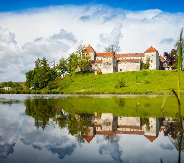 Vue incomparable sur la nature estivale lumineuse et l'ancien château sur la colline avec sa réflexion