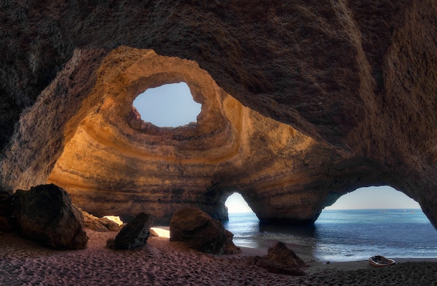 Vue, incroyable, mer, caverne, Benagil, algarve, portugal