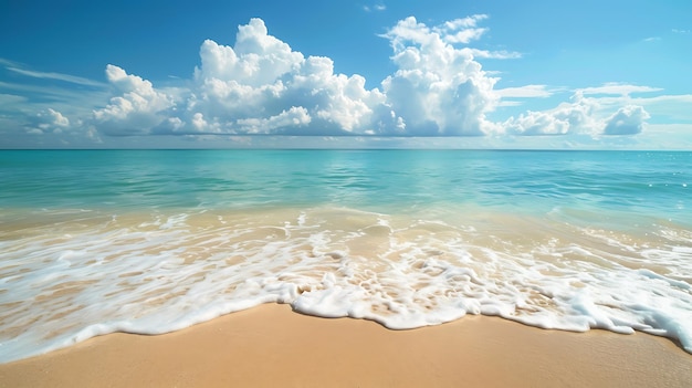 Une vue incroyable sur la plage avec du sable blanc et de l'eau turquoise le ciel est bleu avec quelques nuages le soleil brille