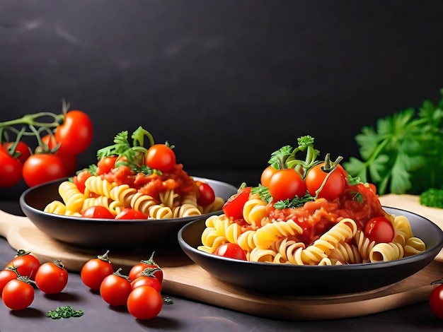 Vue inférieure pâtes rotini avec fourchette de tomate cerise sur assiette de persil et sauce tomate