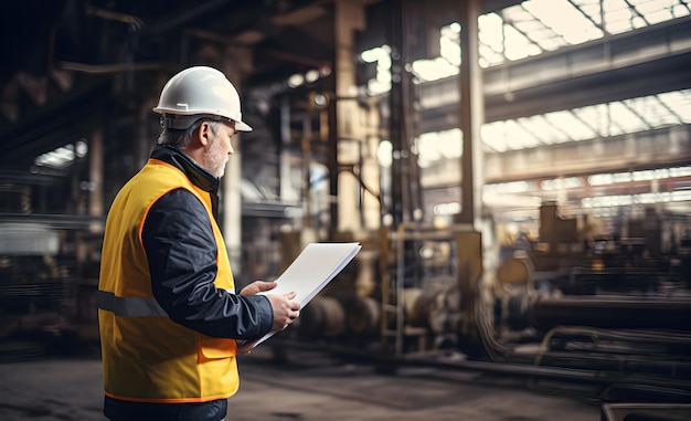 Vue de l'ingénieur inspectant et vérifiant le projet sur le chantier de construction IA générative de la fête du travail