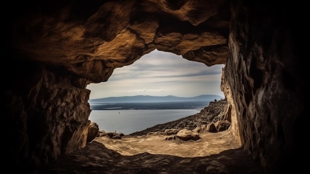Une vue de l'intérieur d'une grotte avec la mer en arrière-plan.