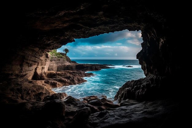 Une vue de l'intérieur d'une grotte sur l'océan.