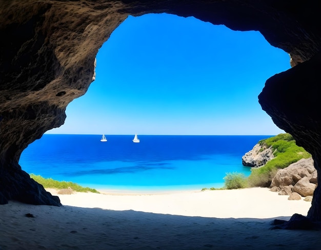 Vue de l'intérieur d'une grotte sur une plage, une mer bleue et un voilier au loin.