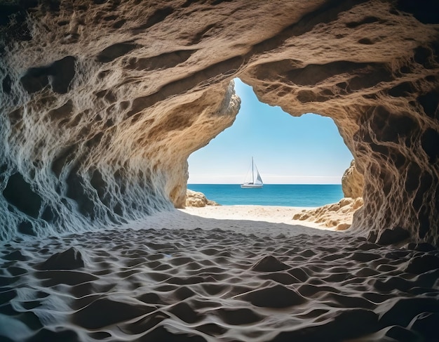 Vue de l'intérieur d'une grotte sur une plage, une mer bleue et un voilier au loin.
