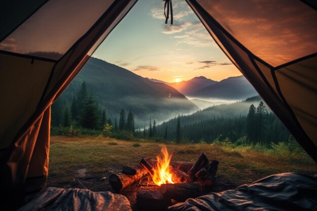 Vue de l'intérieur de la tente En regardant vers l'extérieur pour voir un petit feu de camp devant et une belle chaîne de montagnes