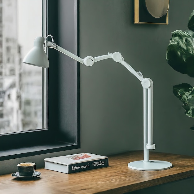 Photo vue intérieure de conception élégante avec chaise en marbre blanc et gris lampe tasse de café livre et