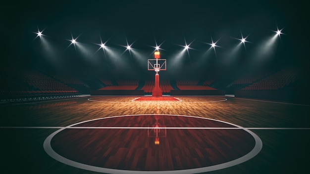 Vue intérieure d'un stade de basket-ball lumineux pour un match