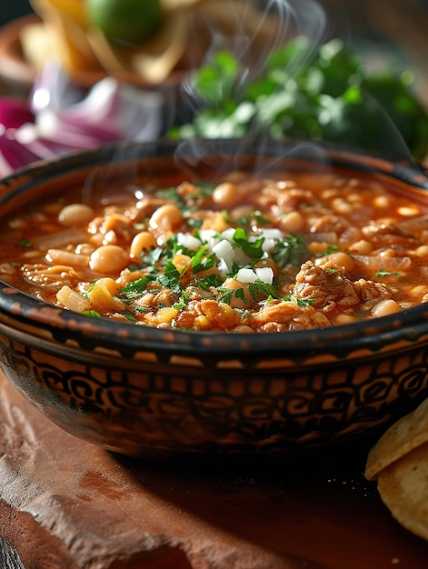 Photo une vue intime d'un bol de pozole soulignant la vapeur des garnitures vives et des teintes profondes de la soupe sur un décor traditionnel en terre cuite