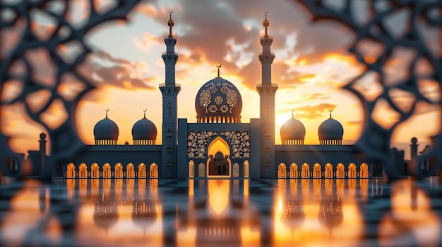 Vue islamique du matin 3D soleil à l'arrière de la mosquée il est vraiment magnifique