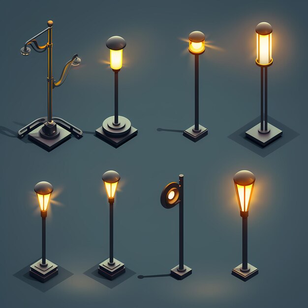 Photo vue isométrique de l'éclat urbain icones de lampes de rue led modernes arrière-plan vide