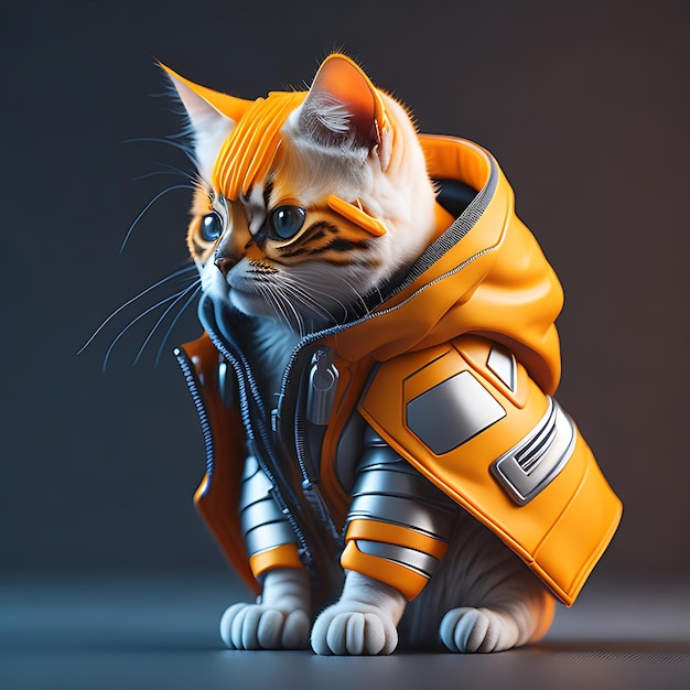 Vue isométrique hyperréaliste du chat soldat futuriste avec une veste cyberpunk sur fond de gradient blanc