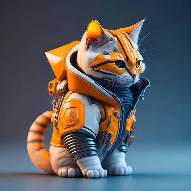 Vue isométrique hyperréaliste du chat soldat futuriste avec une veste cyberpunk sur fond de gradient blanc