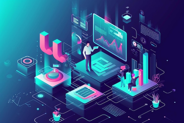 vue isométrique Marketing numérique Analyse de données Rapport d'intuition Moteur de recherche et science des données sur les réseaux sociaux AI générée