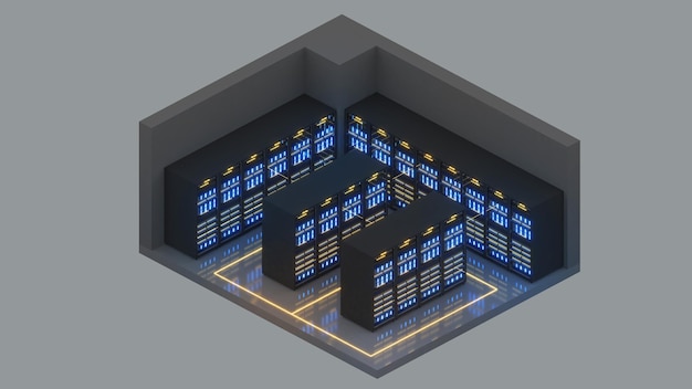 Vue isométrique d'une salle de serveurs de petite tailleCentre de données avec plusieurs rangées de racks de serveurs entièrement opérationnels rendu 3d