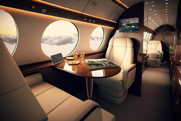 Une vue d'un jet privé avec une table et des chaises.