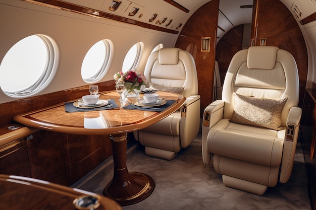 Photo une vue d'un jet privé avec une table et des chaises