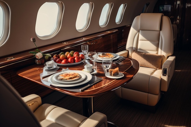 Photo une vue d'un jet privé avec une table et des chaises