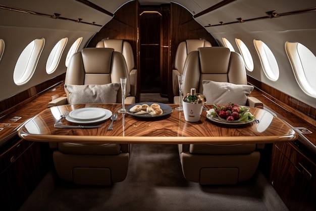 Photo une vue d'un jet privé avec une table et des chaises