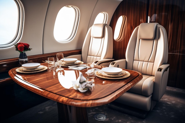 Photo une vue d'un jet privé avec une table et des chaises