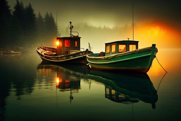 Vue sur la jetée marine en bois avec des bateaux garés sur le rivage de la jetée sur fond d'eau au coucher du soleil Bateaux de pêche en bois