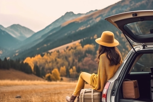 Vue d'une jeune femme voyageuse assise sur une voiture hatchback Une femme voyageuse heureuse regardant l'arrière-plan de la montagne Créée avec la technologie Generate Ai