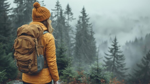 Vue d'une jeune femme voyageuse debout dans une forêt brumeuse avec de hauts arbres de conifères sur tout le côté du corps