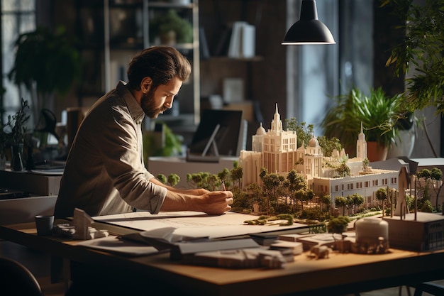 Vue d'un jeune homme au travail IA générative