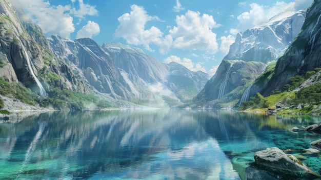 Photo vue d'un lac alpin un lac cristallin est niché parmi les sommets escarpés des montagnes qui reflètent le ciel azur et les falaises imposantes