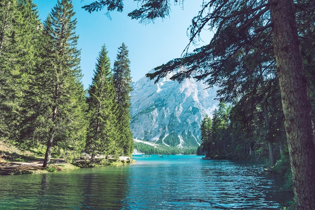 Vue sur le lac braies dans les montagnes des alpes