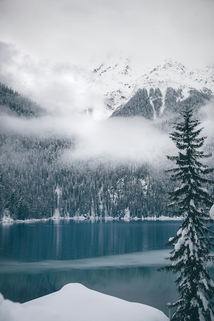 Vue sur le lac de montagne sous la neige