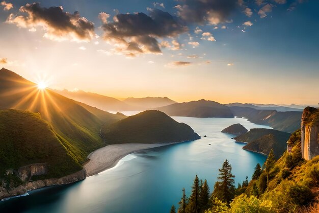 Une vue sur un lac avec le soleil qui brille à travers les nuages