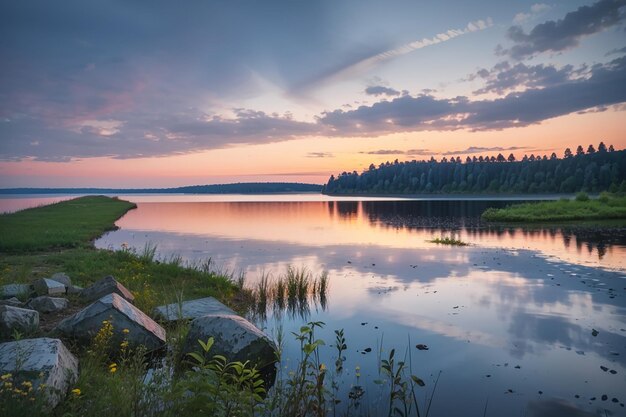 Vue sur le lac Svityaz après le coucher du soleil Ukraine