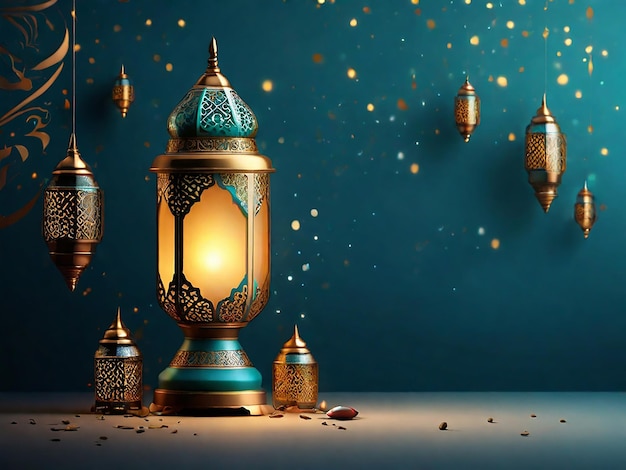 Vue de la lanterne islamique 3D du ramadhan pour les cartes de vœux