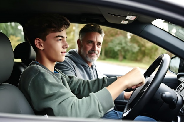 Vue latérale d'un adolescent ayant une leçon de conduite avec un instructeur masculin