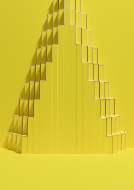 Vue latérale de l'affichage du produit de luxe minimal jaune néon sur fond abstrait pyramide doré