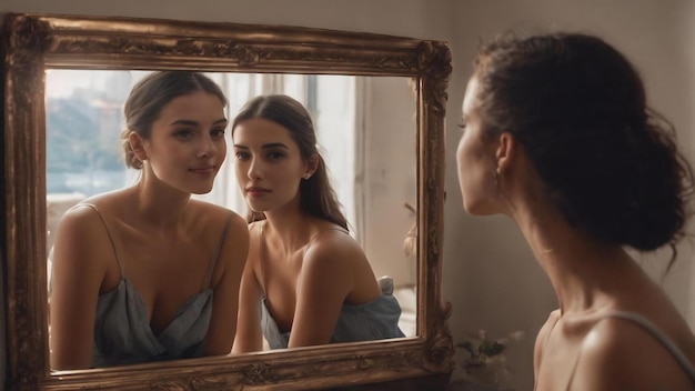 Vue latérale des amis prenant un selfie dans le miroir