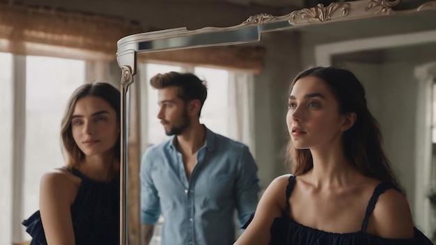 Vue latérale des amis prenant un selfie dans le miroir