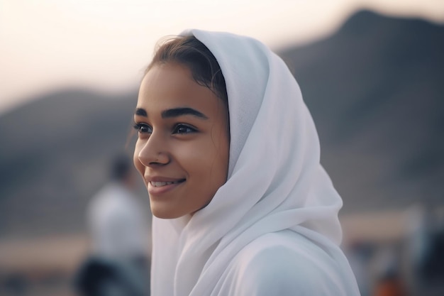 Vue latérale d'une belle femme musulmane portant des vêtements du Hajj pour le pèlerinage dans le désert d'Arabie