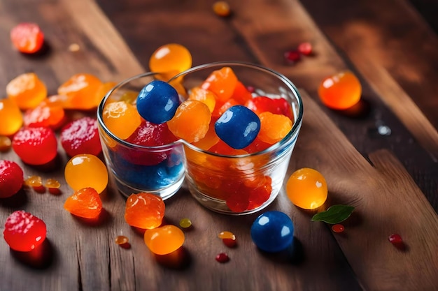 vue latérale de bonbons de marmalade colorés éparpillés d'un verre sur une surface en bois