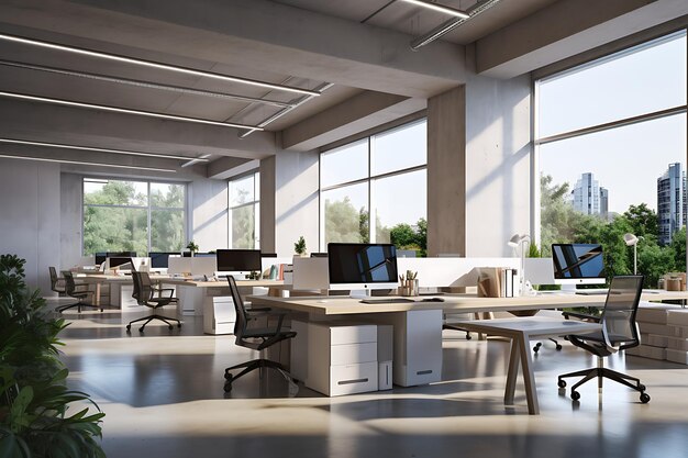 Vue latérale d'un bureau moderne en plein air avec des murs blancs, des rangées d'ordinateurs en carrelage.