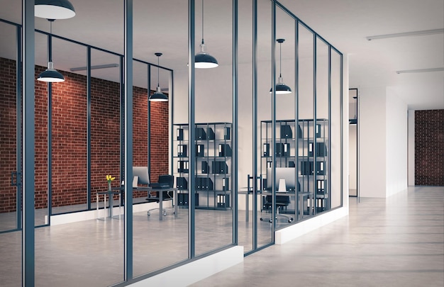 Vue latérale d'un bureau avec des murs en verre et en briques, un sol en béton et deux bibliothèques debout près d'un bureau d'ordinateur. rendu 3d, image tonique