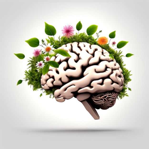 vue latérale d'un cerveau fait de feuilles, de branches et de fleurs eco concept composition parfaite