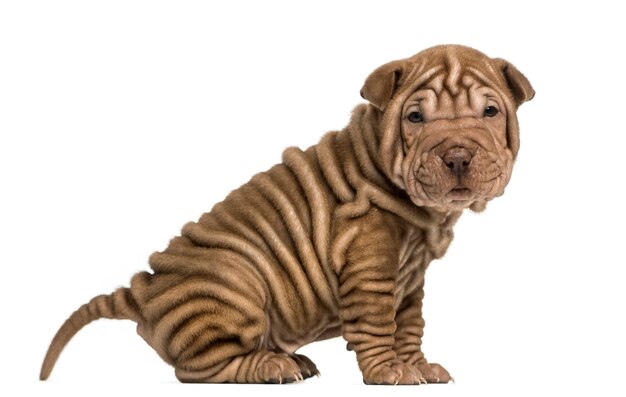 Vue latérale d'un chiot Shar Pei assis en regardant la caméra isolée sur blanc