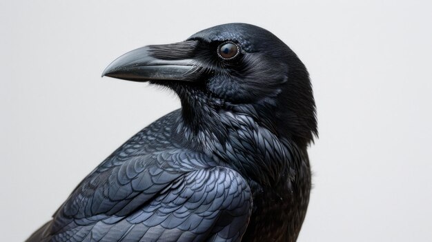 Vue latérale d'un corbeau carrion Corvus corone isolé sur un fond blanc son plumage noir élégant et son regard intelligent capturés dans un profil détaillé un témoignage de l'IA générative