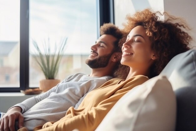 Vue latérale d'un couple heureux respirant et se reposant allongé dans un canapé à la maison avec une fenêtre à l'arrière