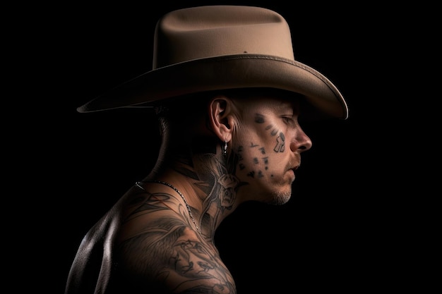 Vue latérale d'un cow-boy avec ses tatouages bien en vue et son chapeau incliné à un angle désinvolte