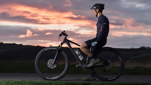 Vue latérale d'un cycliste masculin en casque assis sur un vélo de montagne contre un ciel nuageux au coucher du soleil dans la campagne